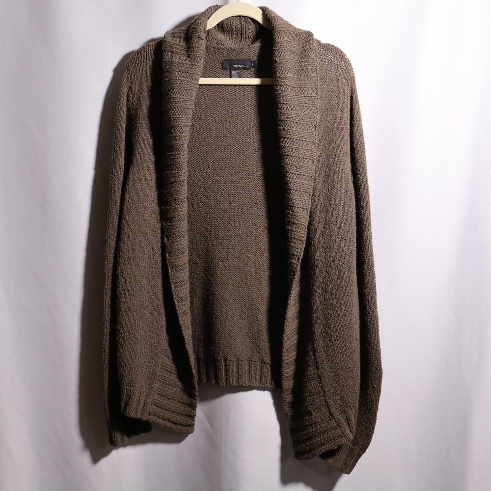 DKNY Pure Womens Brown 100% Alpaca Open‎ Front Shawl Collar Cardigan Sweater L
